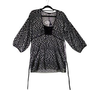 NWT Magaschoni L Knit Tunic Blouse Beaded Black White Tie Waist Stretch Shirt